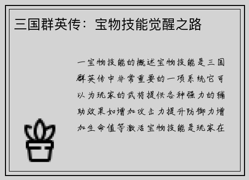 三国群英传：宝物技能觉醒之路